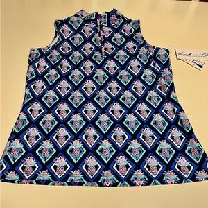 Lulu-B Pineapple Print Sleeveless Zip Mock Neck Top UPF 50+ Cooling Fabric Small